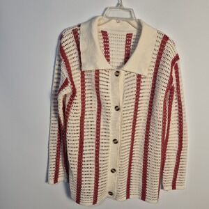 Vntg Style Cream Red Boho Festival Crochet Knit Cardigan Sweater Button Front